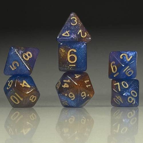 Sun Forge - RPG Dice Set - Golden Ocean Nebula - 3 Colour Swirl (7stk)