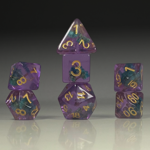 Sun Forge - RPG Dice Set - Teal Cotton in Purple Glass (7stk)