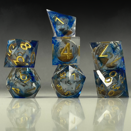 Sun Forge - RPG Dice Set - Golden Sapphire - Handmade (7stk)
