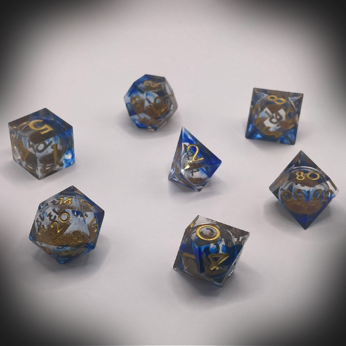 Sun Forge - RPG Dice Set - Golden Sapphire - Handmade (7stk)