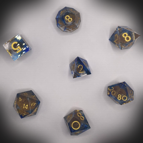 Sun Forge - RPG Dice Set - Golden Sapphire - Handmade (7stk)