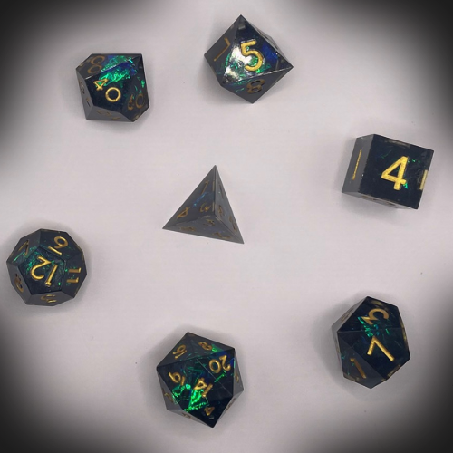 Sun Forge - RPG Dice Set - Obsidian Gold - Handmade (7stk)