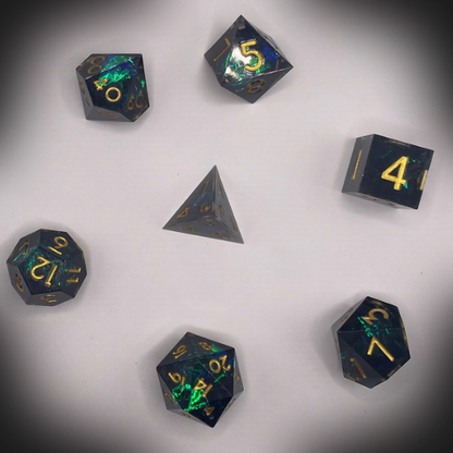 Sun Forge - RPG Dice Set - Obsidian Gold - Handmade (7stk)