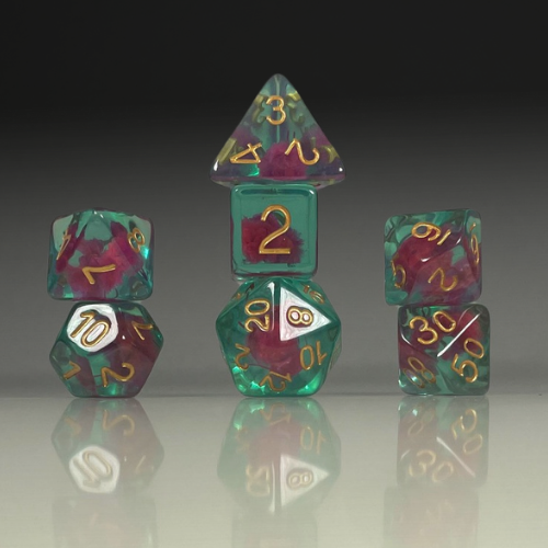 Sun Forge - RPG Dice Set - Purple Cotton in Teal Glass (7stk)